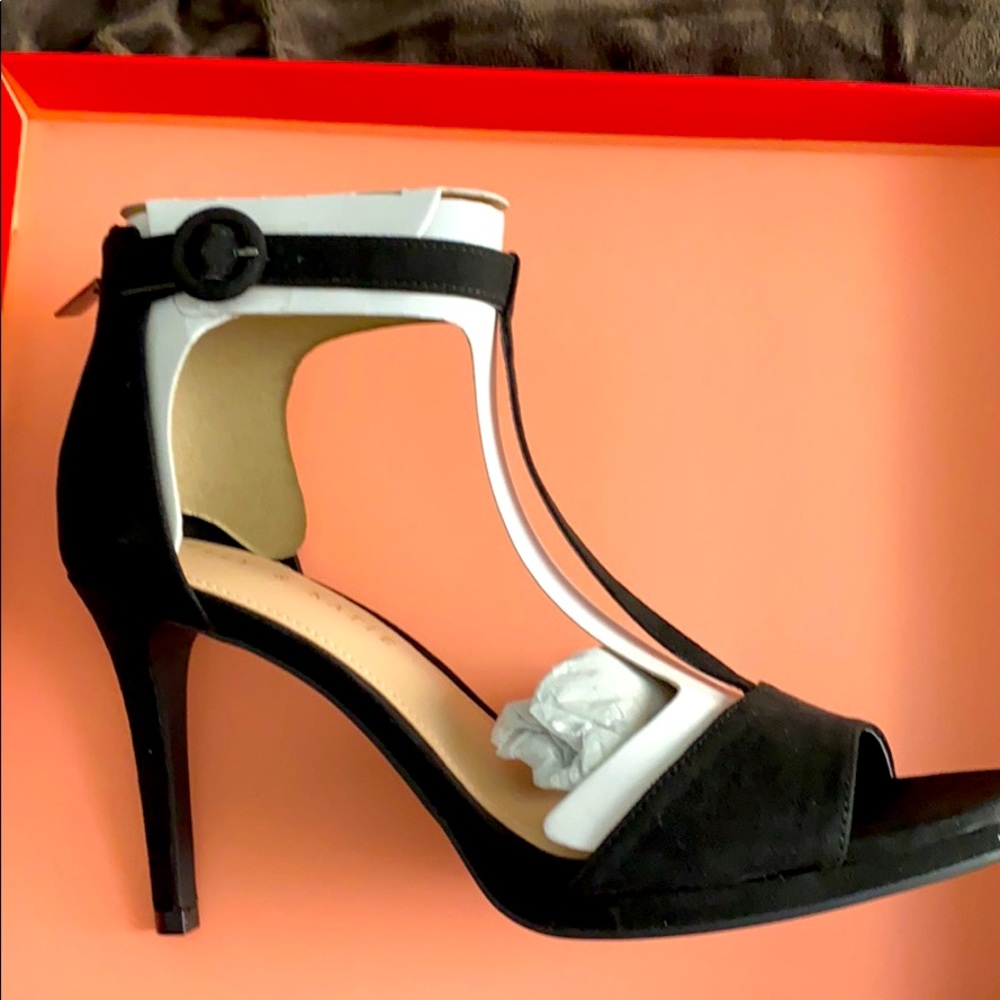 Black open toe heel with zip up back